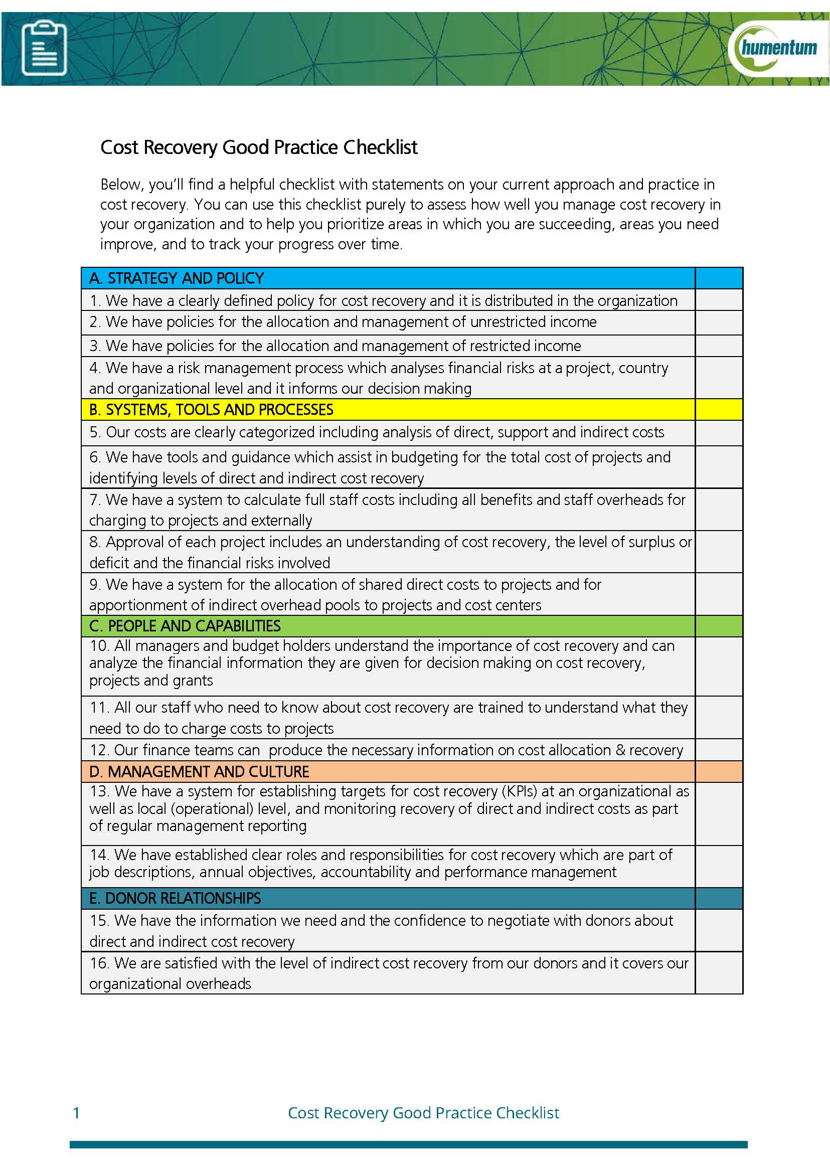 Cost Recovery Checklist
